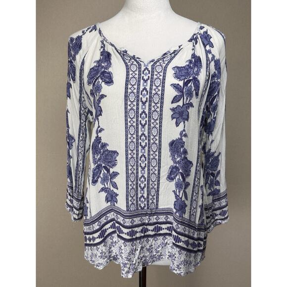 Women’s Hannah Blue White Textured Gauze Shirt Sz M 3/4 Sleeve Casual Boho - Picture 1 of 14